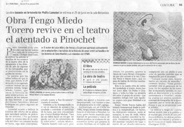 Obra Tengo miedo torero revive en el teatro el atentado a Pinochet  [artículo].