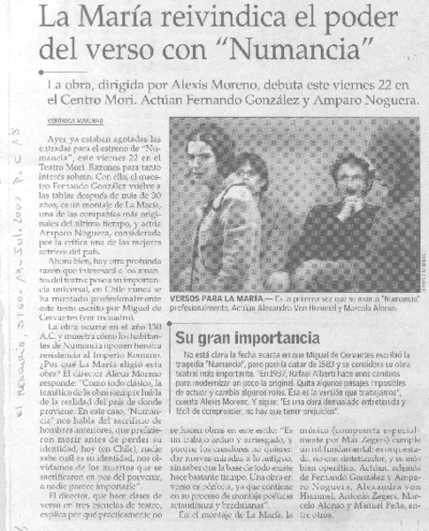 La María reivindica el poder del verso con "Numancia".  [artículo] Marinao, Verónica