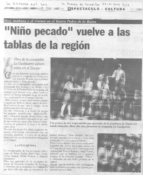 "Niño pecado" vuelve a las tablas de la región.  [artículo]