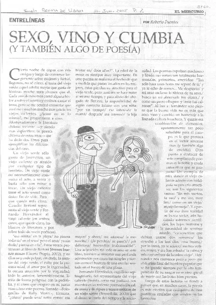 Sexo, vino y cumbia (y también algo de poesía)  [artículo] Fuentes, Roberto