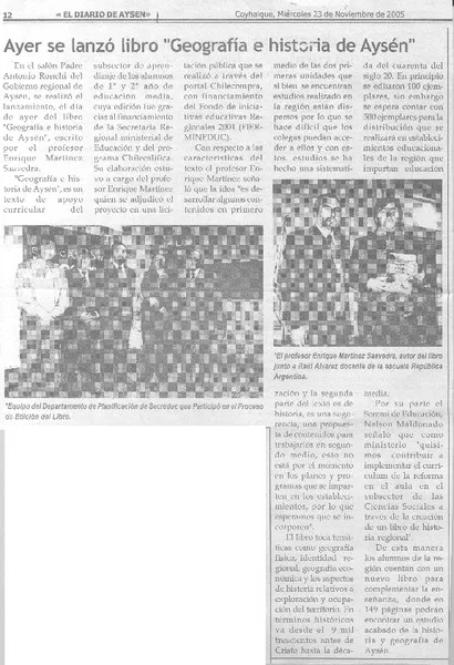 Ayer se lanzó libro "Geografía e historia de Aysén"  [artículo]