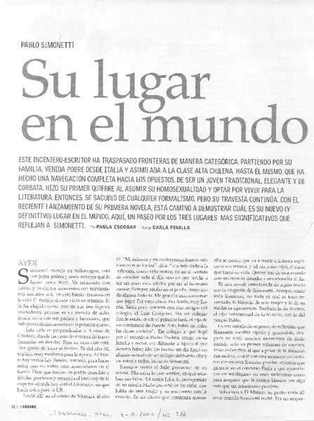 Pablo Simonetti : su lugar en el mundo  [artículo] Paula Escobar.