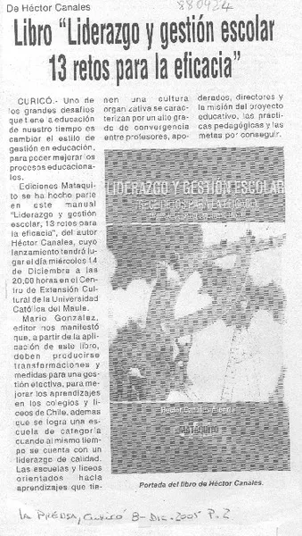 Libro "Liderazgo y gestión esolar 13 retos para la eficacia".  [artículo]