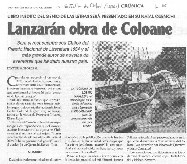 Lanzarán obra de Coloane  [artículo] Héctor M. Flores M.