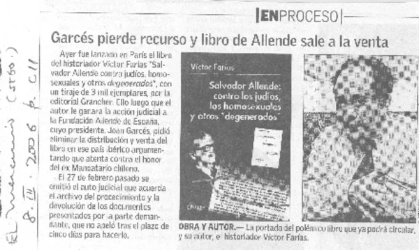 Garcés pierde recurso y libro de Allende sale a la venta  [artículo]
