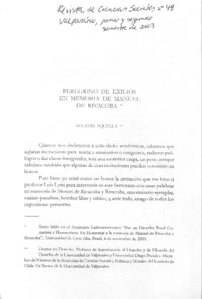 Peregrino de exilios en memoria de Manuel de Rivacoba.  [artículo] Agustín Squella Narducci