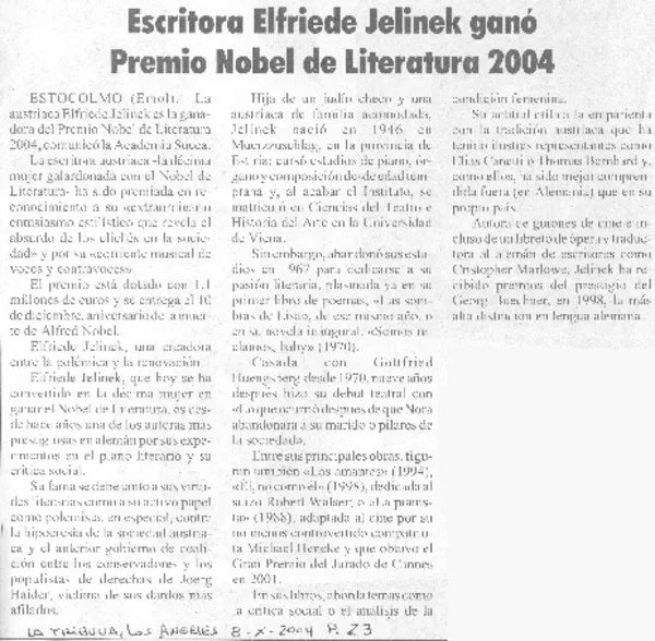 Escritora Elfriede Jelinek ganó Premio Nobel de Literatura 2004  [artículo]