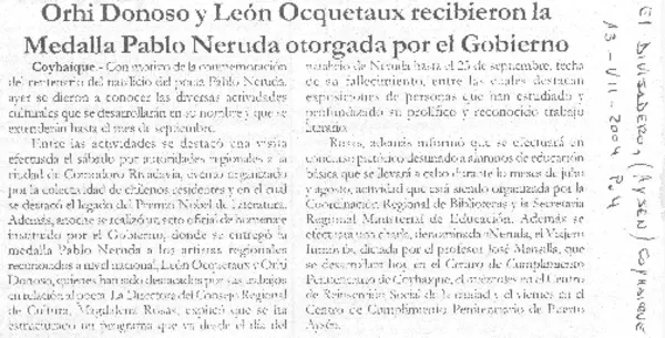 Orhi donoso y león Ocquetaux recibieron la Medalla Pablo Neruda otorgada por el gobierno  [artículo]