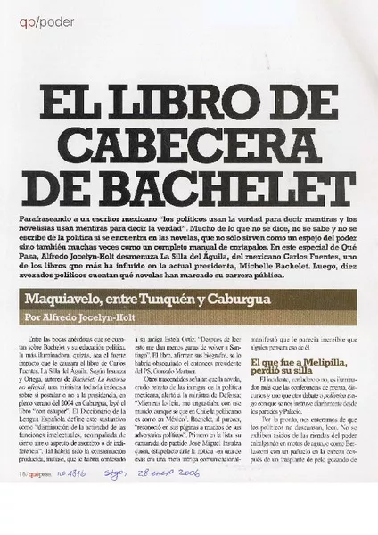 El Libro de cabecera de Bachelet.  [artículo] Alfredo Jocelyn-Holt.