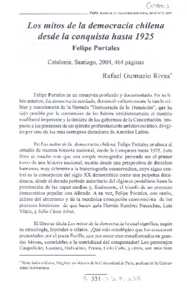 Los Mitos de la democaria chilena desde la conquista hasta 1925.  [artículo] Rafael Gumucio Rivas