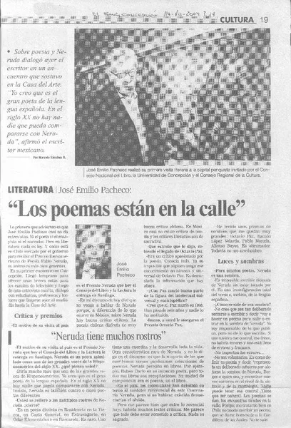 José Emilio Pacheco "Los poemas están en la calle". (entrevistas) [artículo] Marcelo Sánchez S.