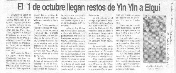 El 1 de octubre llegan restos de Yin Yin a Elqui  [artículo].