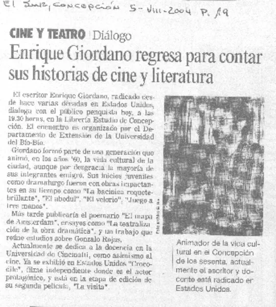 Enrique Giordano regresa para contar sus historias de cine y literatura.  [artículo]