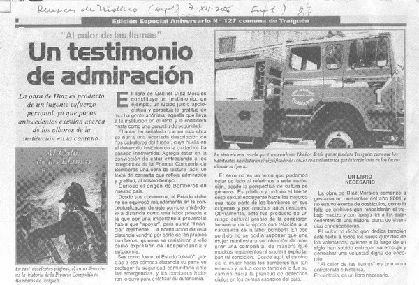 "Al calor de las llamas" : un testimonio de admiración  [artículo].