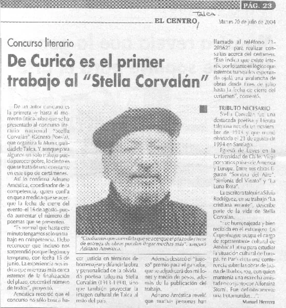 De Curicó es el primer trabajo al "Stella Corvalán".  [artículo] Manuel Herrera
