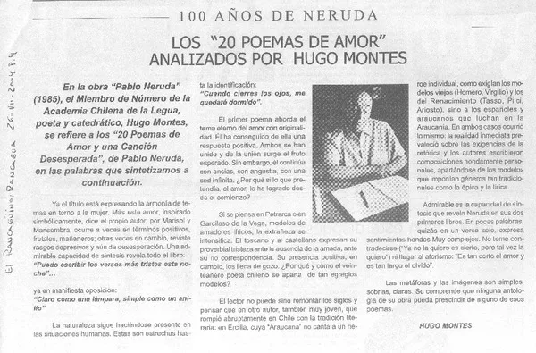 Los "20 poemas de amor" analizados por Hugo Muñoz.  [artículo] Hugo Montes
