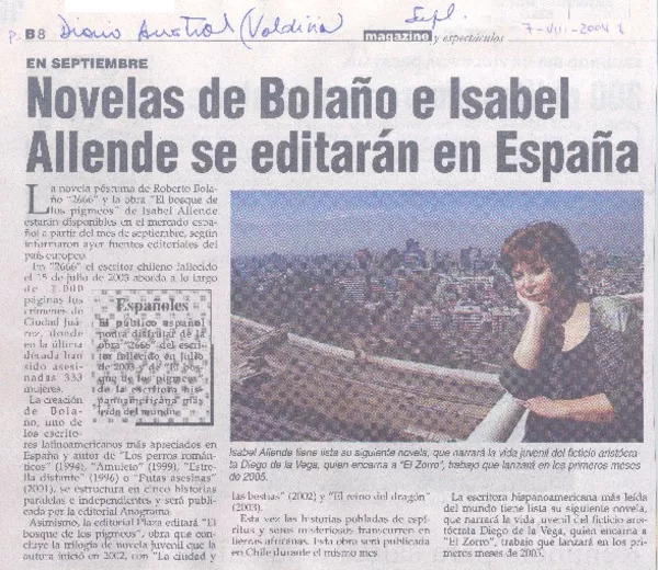 Novelas de Bolaño e Isabel Allende se editarán en España  [artículo].