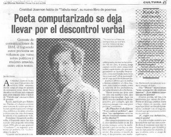 Poeta computarizado se deja llevar por el descontrol verbal  [artículo] Jazmín Lolas.