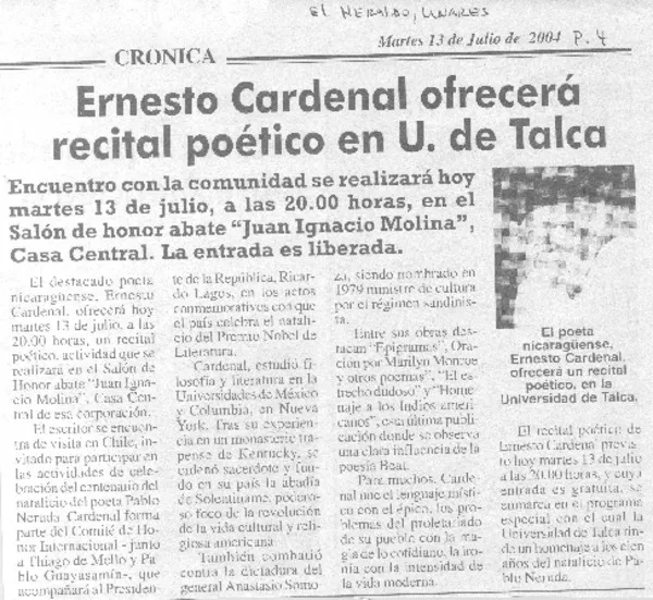 Ernesto Cardenal ofrecerá recital poético en U. de Talca  [artículo]