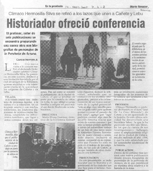 Historiador ofreció conferencia  [artículo]Carlos Herrera A.