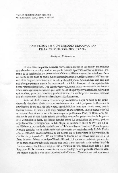 Barcelona 1967, un episodio desconocido de la cronología nerudiana  [artículo] Enrique Robertson.