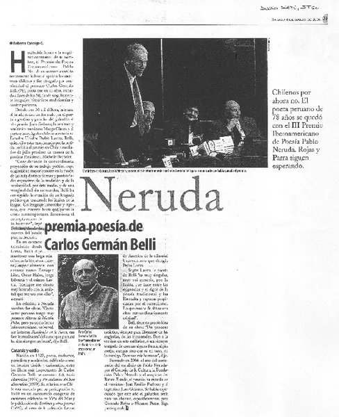 Nerruda premia poesía de Carlos Germán Belli.  [artículo] Roberto Careaga C.