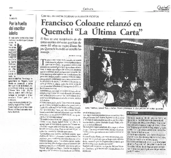 Francisco Coloane relanzó en Quemchi "La Última Carta"  [artículo] Ulises San Martín Vera.