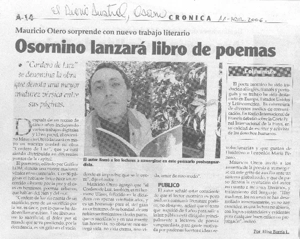 Osornino lanzará libro de poemas  [artículo]Elisa Barría L.