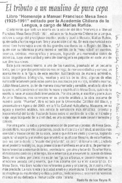 El Tributo a un maulino de pura cepa  [artículo] Rodolfo de los Reyes R.