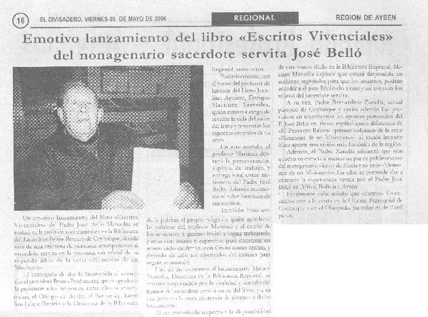 Emotivo lanzamiento del libro "Escritos vivenciales" del nonagenario sacerdote servita José Bello  [artículo]