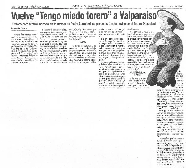 Vuelve "Tengo miedo torero" a Valparaíso  [artículo] Cristóbal Gaete A.