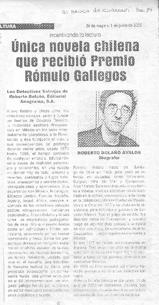 Unica novela chilena que recibió Premio Rómulo Gallegos  [artículo]
