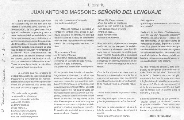 Juan Antonio Massone, señorío del lenguaje  [artículo] Ariel Fernández.