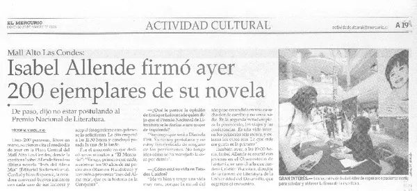 Isabel Allende firmó ayer 200 ejemplares de su novela  [artículo] Víctor M. Mandujano.