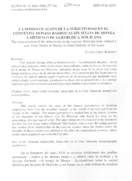 La domsticación de la subjetividad en el convento  [artículo] Cecilia lópez Blanco.