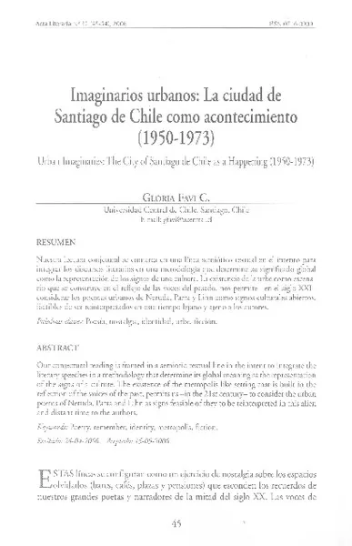 Imaginarios urbanos: La ciudad de Santiago de Chile como acontecimiento (1950-1973)  [artículo]Gloria Favi C.