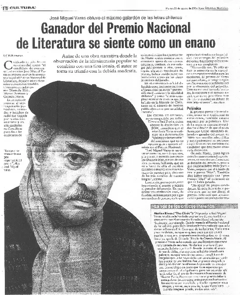 Ganador del Premio Nacional de Literatura se siente cono un enano  [artículo] R. C. R.