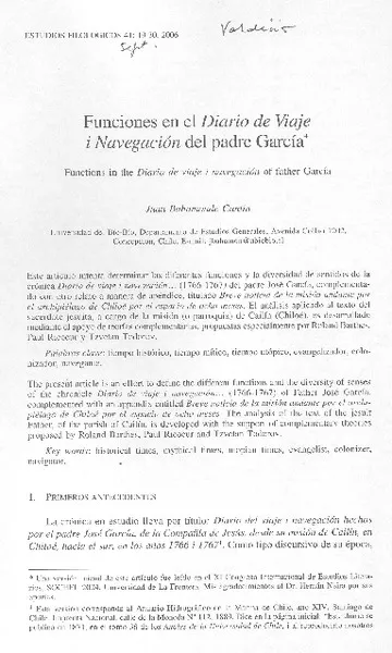 Funciones en el Diario de viaje i navegación del Padre García  [artículo] Juan Bahamonde Cantín.