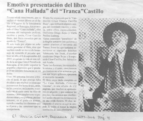 Emotiva presentación del libro "Cana hallada" del "Tranca" Castillo  [artículo].