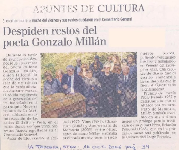 Despiden restos del poeta Gonzalo Millán  [artículo]