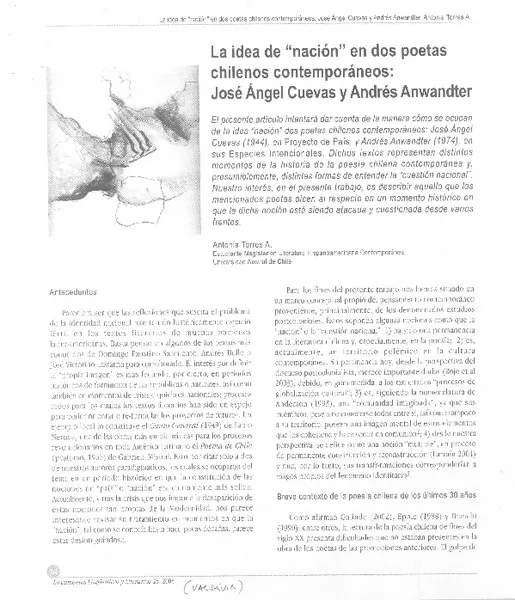 La idea de "nación" en dos poetas chilenos contempráneos: José Angel Cuevas y Andrés Anwandter  [artículo]Antonia Torres A.