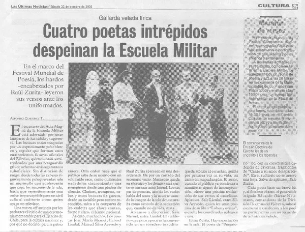 Cuatro poetas intrépidos despeinan la Escuela Militar  [artículo]Alfonso Cortínez T.