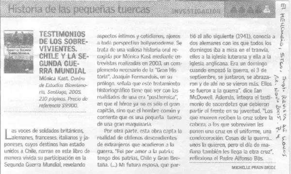Testimonios de los sobrevivientes. Chile y la segunda guerra mundial  [artículo]Michelle Pran Brice.