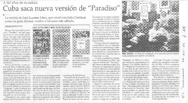 Cuba saca nueva versión de "Paradiso"  [artículo] Carolina andonie Dracos.
