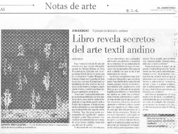 Libro revela secretos del arte textil andino  [artículo] Andrés Rojas.
