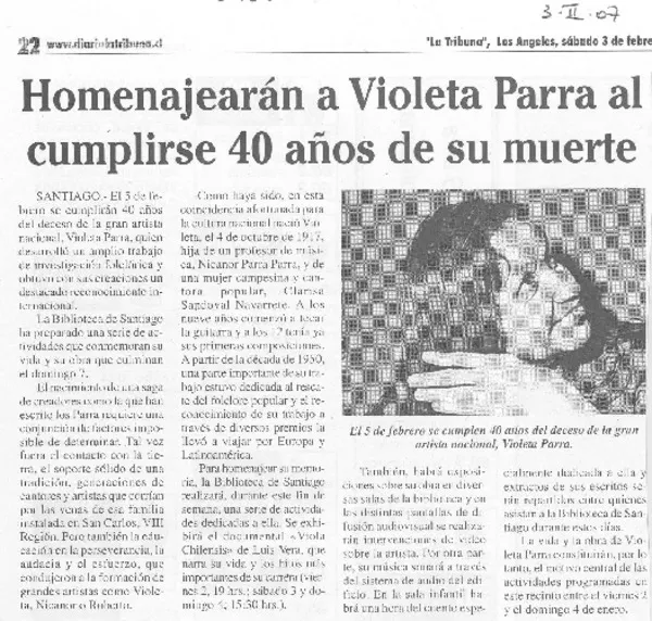 Homenajearán a Violeta Parra al cumplirse 40 años de su muerte  [artículo].