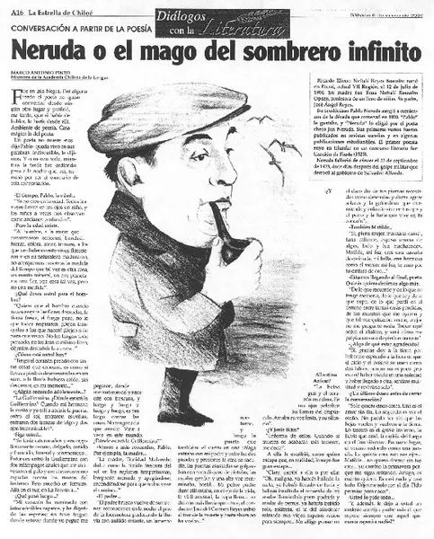 Neruda o el mago del sombrero infinito (entrevista)  [artículo] Marco Antonio Pinto.