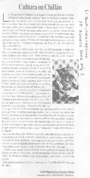 Cultura en Chillán  [artículo]José Rigoberto Parada Daza.