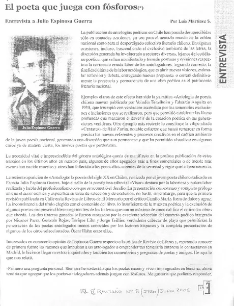 El poeta que juega con fósforos (entrevista)  [artículo]Luis Martínez S.