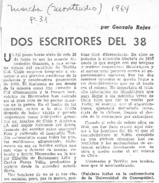 Dos escritores del 38  [artículo] Gonzalo Rojas.